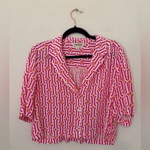 Boden Festival Pink Cropped Button Up Blouse Size 8 Geometric Resortwear Summer
